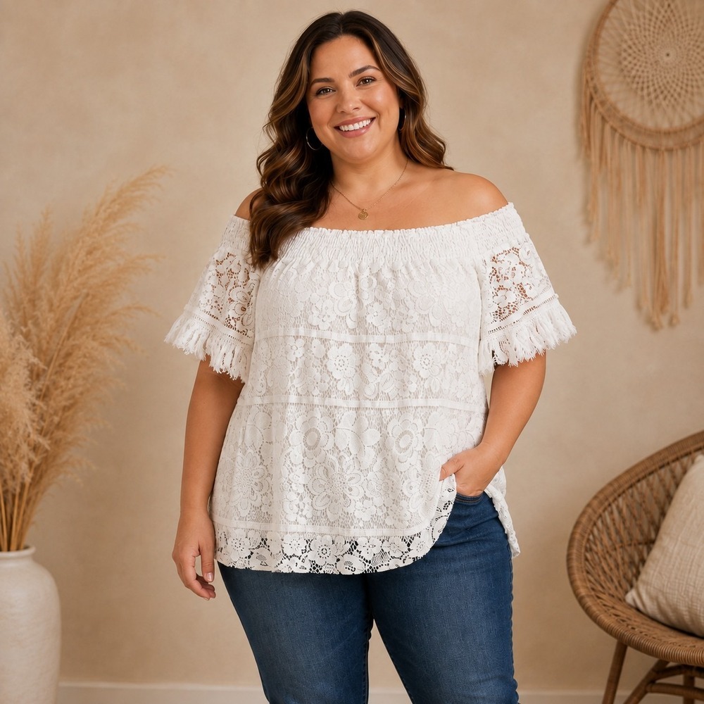 Suzanne Betro White Smocked Lace Peasant Top Women's 1X Plus Fairycore Boho Chic